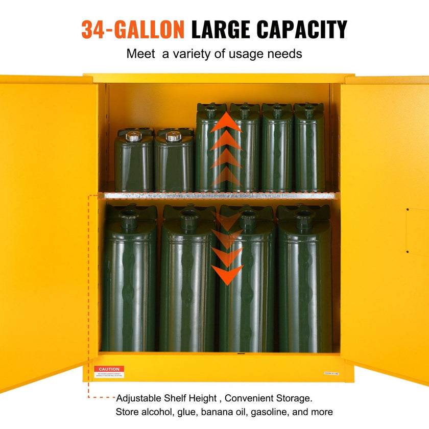 VEVOR Flammable Safety Cabinet, 30 Gal, Cold-Rolled Steel Flammable Liquid Storage Cabinet, 43.1x18.1x50.1 in Explosion Proof with 1 Adjustable Shelf 2 Manual Closing Doors for Industrial Use, Yellow