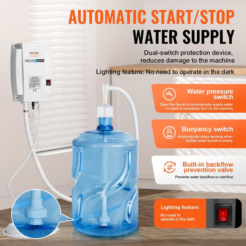 VEVOR 20 ft Bottled Water System, Water Dispensing System Single Inlet US Plug with AC/DC Adapter Suitable for Refrigerator Ice Maker Coffee Makers and Water Dispensers