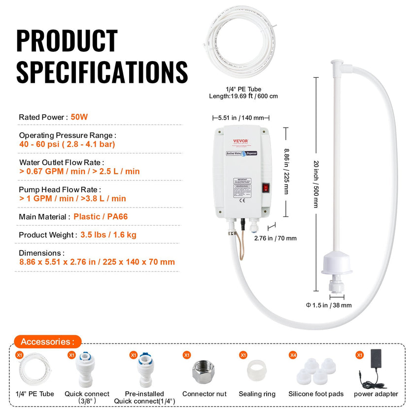 VEVOR 20 ft Bottled Water System, Water Dispensing System Single Inlet US Plug with AC/DC Adapter Suitable for Refrigerator Ice Maker Coffee Makers and Water Dispensers