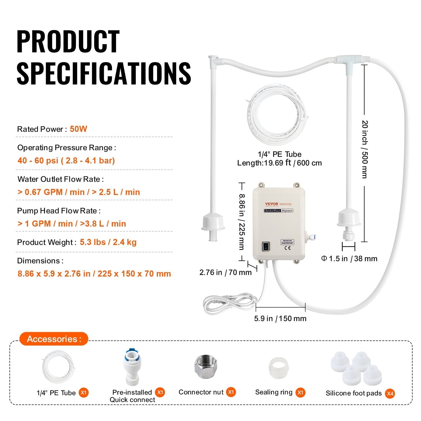 VEVOR Bottled Water Dispensing System 20 ft Water Dispensing Pump System with US Plug 115V AC Perfect for 5 Gallon Bottle (Dual Inlet) Bottled Water Dispensing System 20 ft with with US Plug 115V AC P