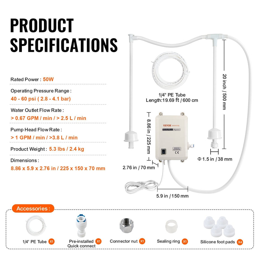 VEVOR Bottled Water Dispensing System 20 ft Water Dispensing Pump System with US Plug 115V AC Perfect for 5 Gallon Bottle (Dual Inlet) Bottled Water Dispensing System 20 ft with with US Plug 115V AC P