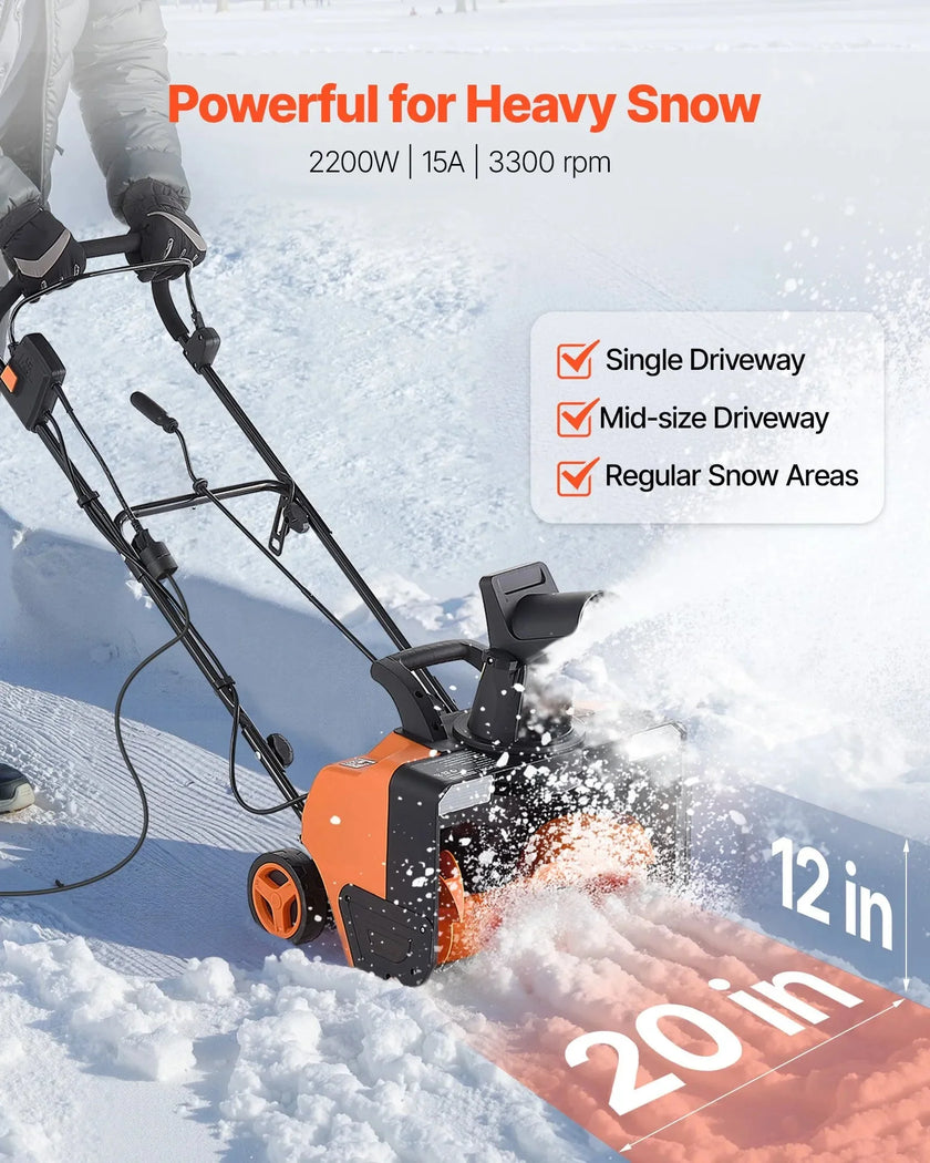 VEVOR Electric Snow Blower, 20 inch 15A Corded Snow Thrower with Dual LED Headlights & 180° Rotating Chute, 25FT Throwing Distance, 12