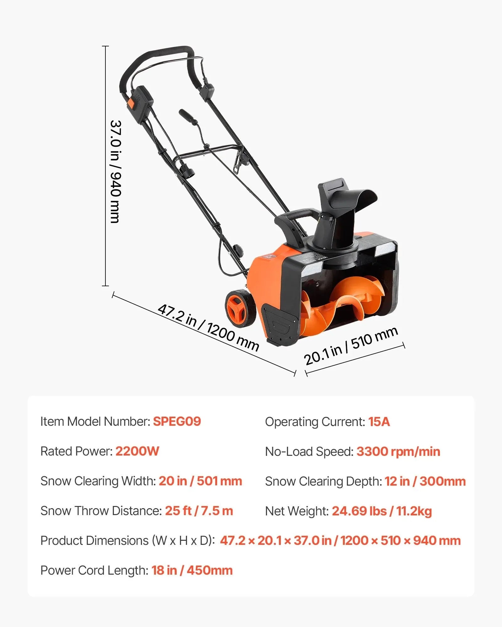 VEVOR Electric Snow Blower, 20 inch 15A Corded Snow Thrower with Dual LED Headlights & 180° Rotating Chute, 25FT Throwing Distance, 12