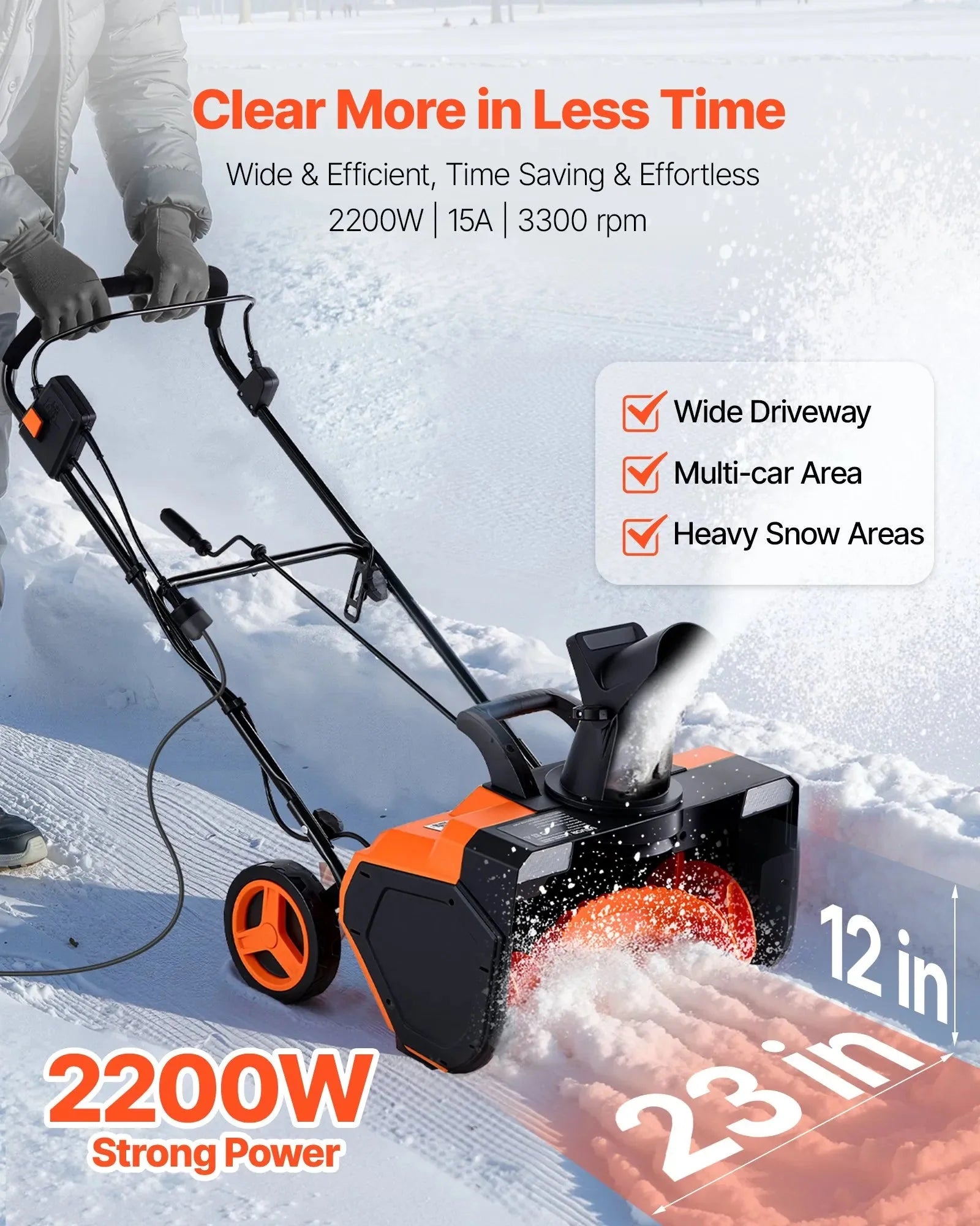 VEVOR Electric Snow Blower, 23 inch 15A Corded Snow Thrower with Dual LED Headlights & 180° Rotating Chute, 25FT Throwing Distance, 12