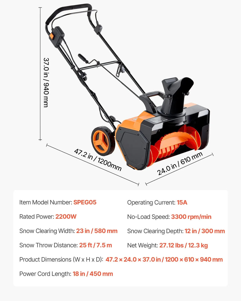 VEVOR Electric Snow Blower, 23 inch 15A Corded Snow Thrower with Dual LED Headlights & 180° Rotating Chute, 25FT Throwing Distance, 12