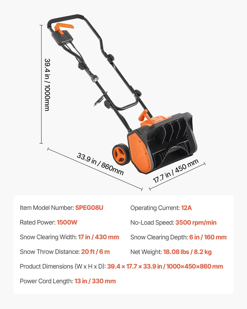 VEVOR Electric Snow Shovel, 12A 17 inch Corded Snow Shovel, 60° Adjustable Chute, 20 ft Throwing Distance, Snowthrower with Dual Safety Switch, Winter Ice Removal Tool for Driveway Sidewalk Patio