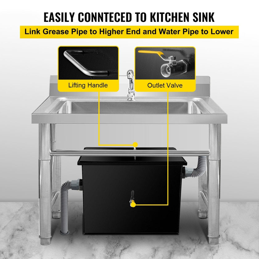 VEVOR Commercial Grease Interceptor 7 GPM Commercial Grease Trap 14 LB Grease Interceptor Carbon Steel Grease Trap with Side Water Inlet Under Sink Grease Trap for Restaurant Factory Home Kitchen