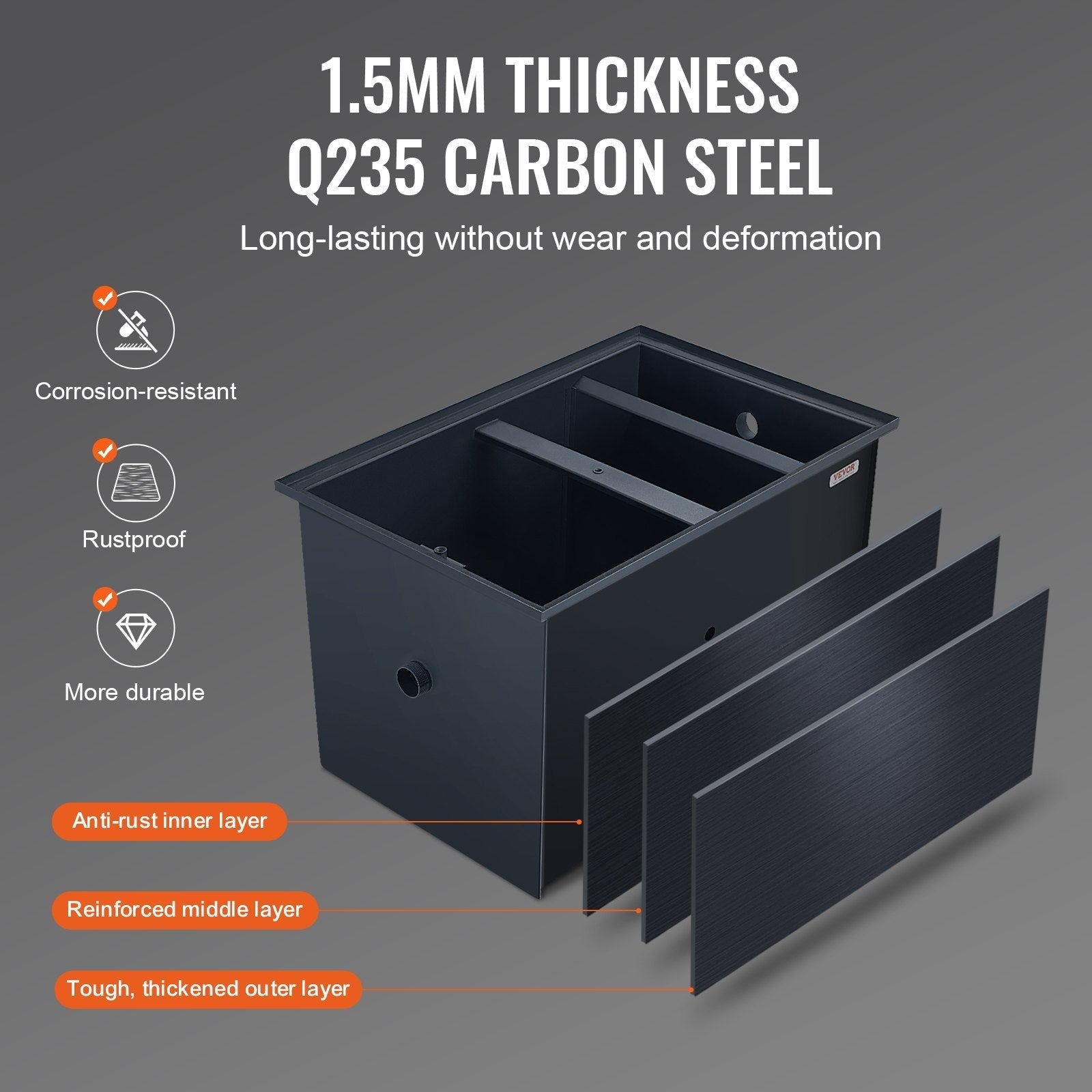 VEVOR Commercial Grease Trap, 40 LBS Grease Interceptor, Side Inlet Interceptor, Under Sink Carbon Steel Grease Trap, 15.2 GPM Waste Water Oil-water Separator, for Restaurant Canteen Home Kitchen