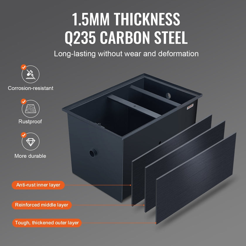 VEVOR Commercial Grease Trap, 40 LBS Grease Interceptor, Side Inlet Interceptor, Under Sink Carbon Steel Grease Trap, 15.2 GPM Waste Water Oil-water Separator, for Restaurant Canteen Home Kitchen