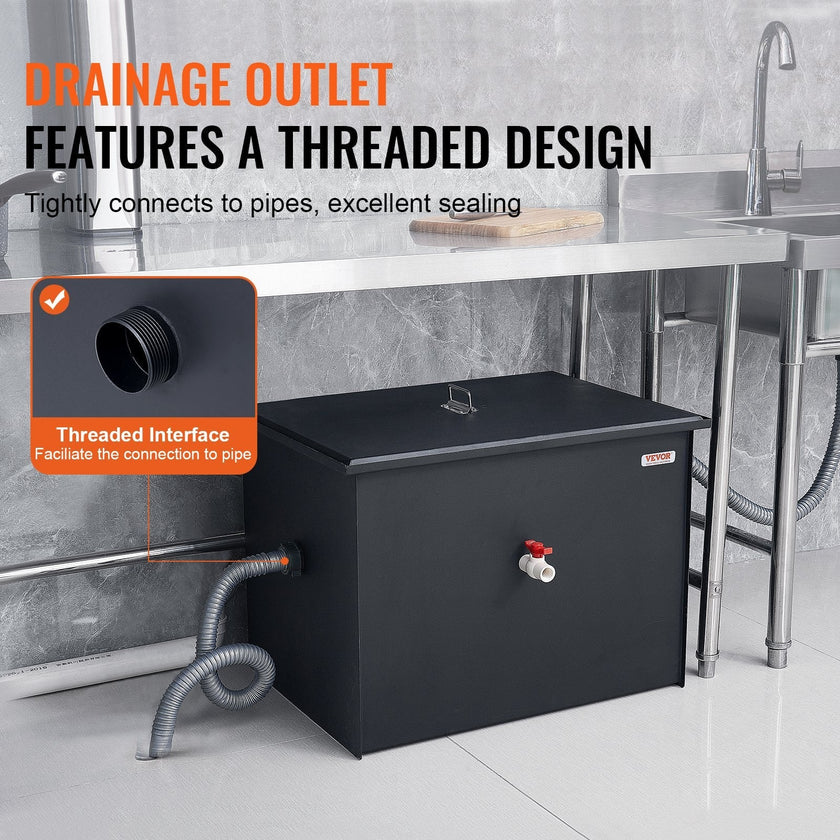 VEVOR Commercial Grease Trap, 40 LBS Grease Interceptor, Side Inlet Interceptor, Under Sink Carbon Steel Grease Trap, 15.2 GPM Waste Water Oil-water Separator, for Restaurant Canteen Home Kitchen