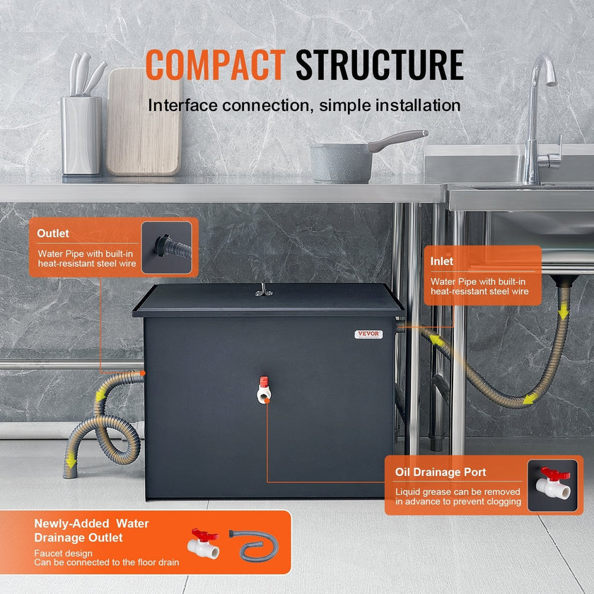 VEVOR Commercial Grease Trap, 40 LBS Grease Interceptor, Side Inlet Interceptor, Under Sink Carbon Steel Grease Trap, 15.2 GPM Waste Water Oil-water Separator, for Restaurant Canteen Home Kitchen