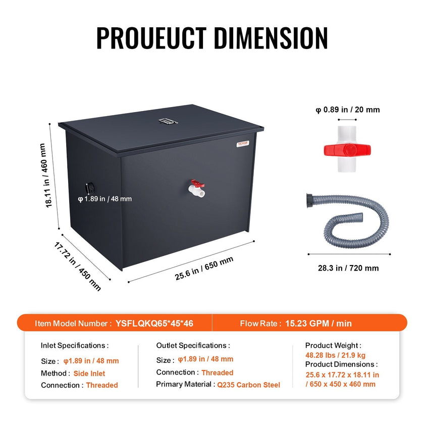 VEVOR Commercial Grease Trap, 40 LBS Grease Interceptor, Side Inlet Interceptor, Under Sink Carbon Steel Grease Trap, 15.2 GPM Waste Water Oil-water Separator, for Restaurant Canteen Home Kitchen
