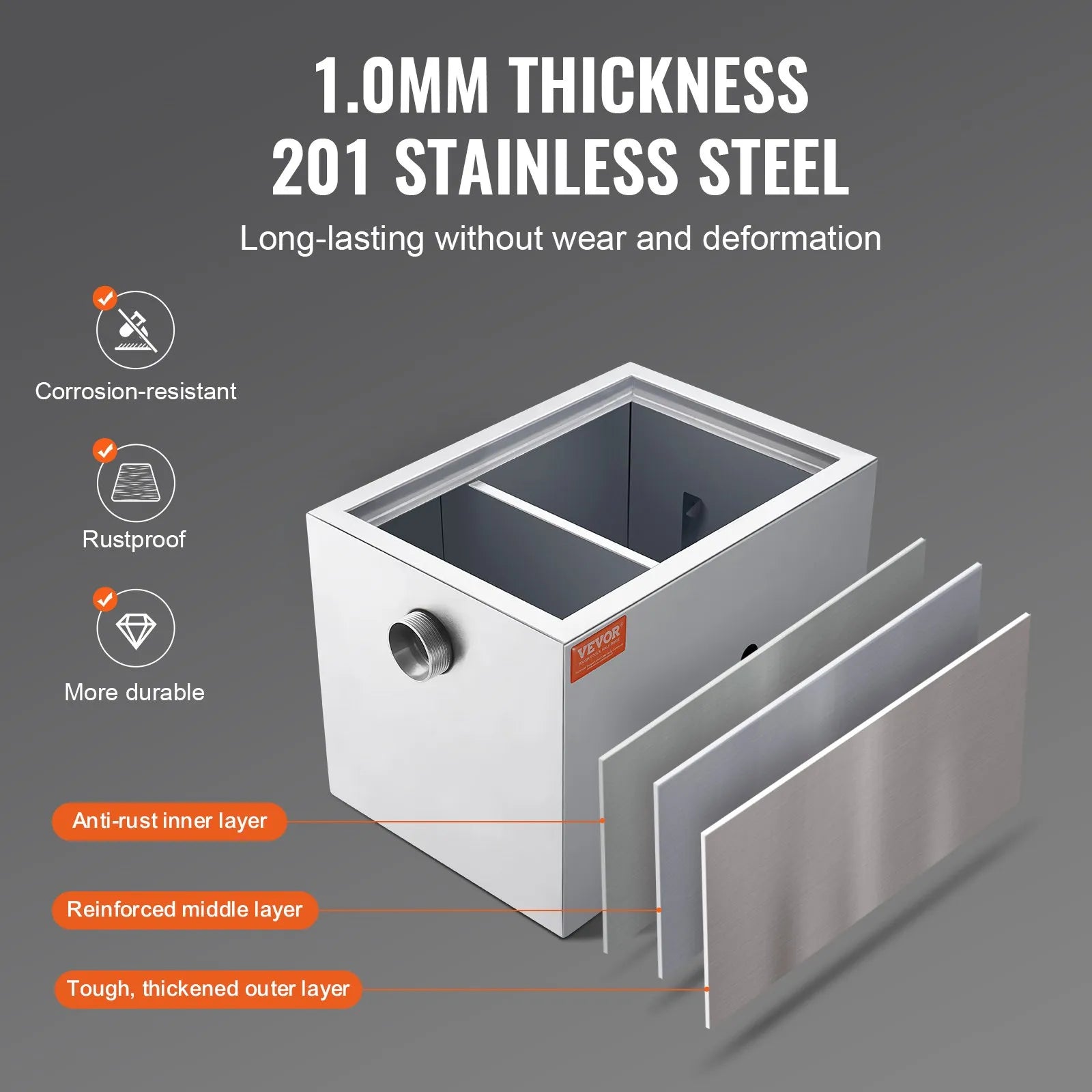 VEVOR Commercial Grease Trap, 8 LBS Grease Interceptor, Side Inlet Interceptor, Under Sink Stainless Steel Grease Trap, 2.8 GPM Waste Water Oil-water Separator, for Restaurant Canteen Home Kitchen