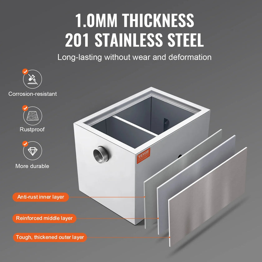 VEVOR Commercial Grease Trap, 8 LBS Grease Interceptor, Side Inlet Interceptor, Under Sink Stainless Steel Grease Trap, 2.8 GPM Waste Water Oil-water Separator, for Restaurant Canteen Home Kitchen