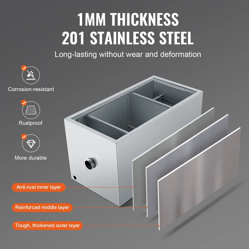 VEVOR Commercial Grease Trap, 25 LBS Grease Interceptor, Top Inlet Interceptor, Under Sink Stainless Steel Grease Trap, 6.4 GPM Waste Water Oil-water Separator, for Restaurant Canteen Home Kitchen