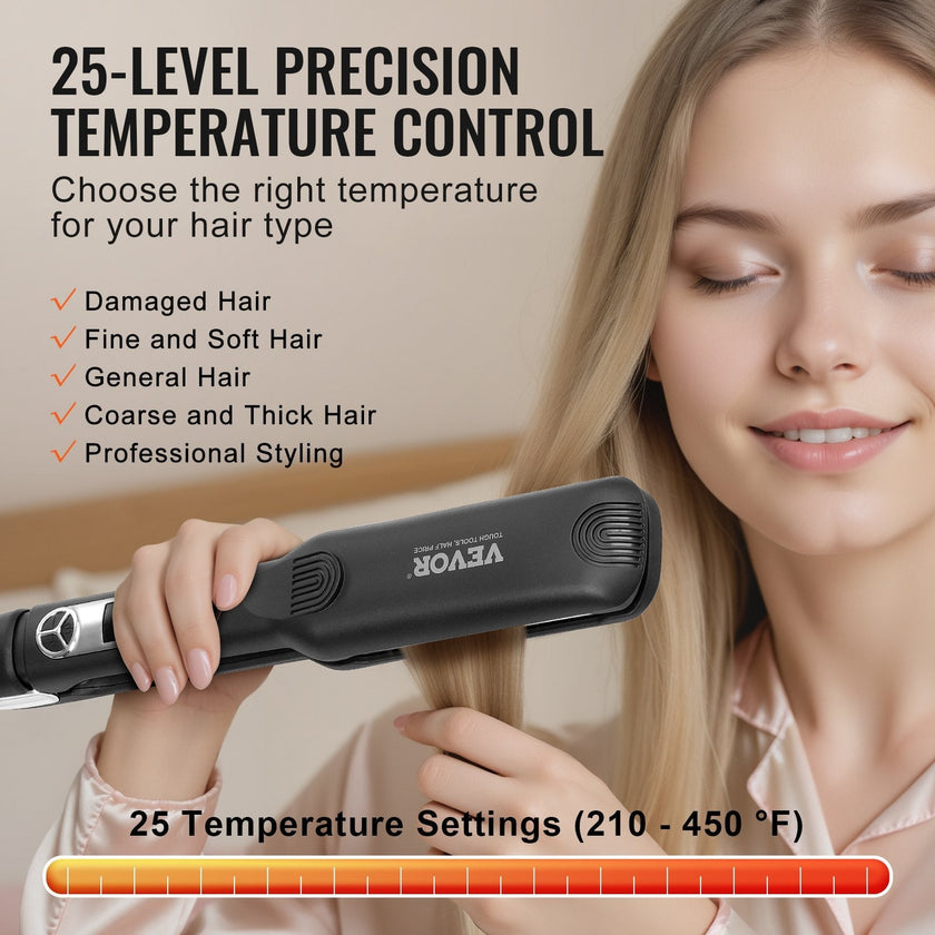VEVOR Hair Straightener, 1.5-inch Titanium Flat Iron, Negative Ions Hair Straightener Flat Iron with LCD Display and 25 Temp Levels - 210°F to 450°F, Dual Voltage 110V/240V for Salon Home Travel Use