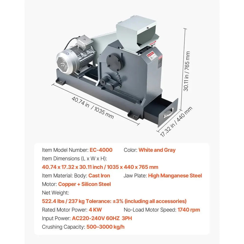 VEVOR Jaw Crusher Machine, 4KW High Power Rock Stone Crush Machine, 7.87 x 9.65 inch Feeding Port, 1740 RPM Speed Stone Shatter Grinder, Electric Stone Shatter 220V, for Rock Coal Glass Bottle