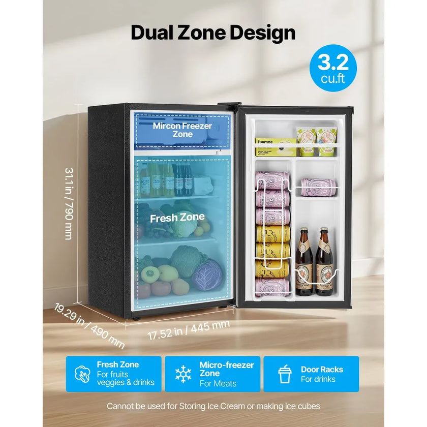 Mini Fridge, 3.2 Cu. Ft. Compact Single Door Refrigerator with Adjustable Temperature, Glass Shelf & Reversible Door, Stainless Steel
