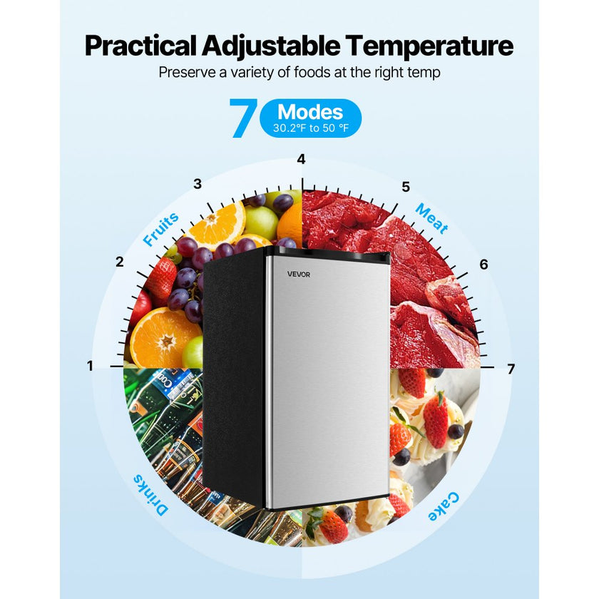 Mini Fridge, 3.2 Cu. Ft. Compact Single Door Refrigerator with Adjustable Temperature, Glass Shelf & Reversible Door, Stainless Steel