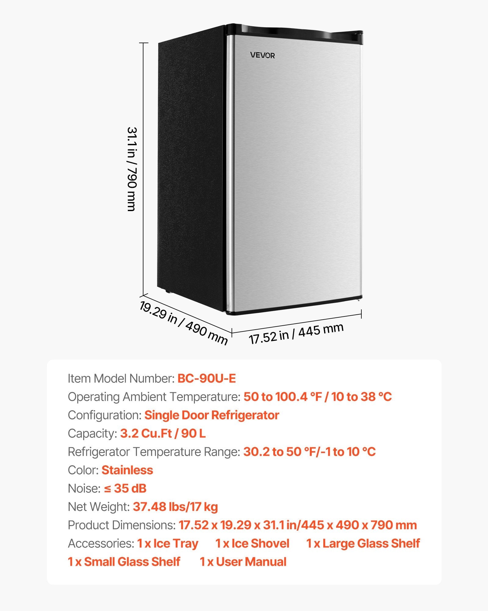 Mini Fridge, 3.2 Cu. Ft. Compact Single Door Refrigerator with Adjustable Temperature, Glass Shelf & Reversible Door, Stainless Steel