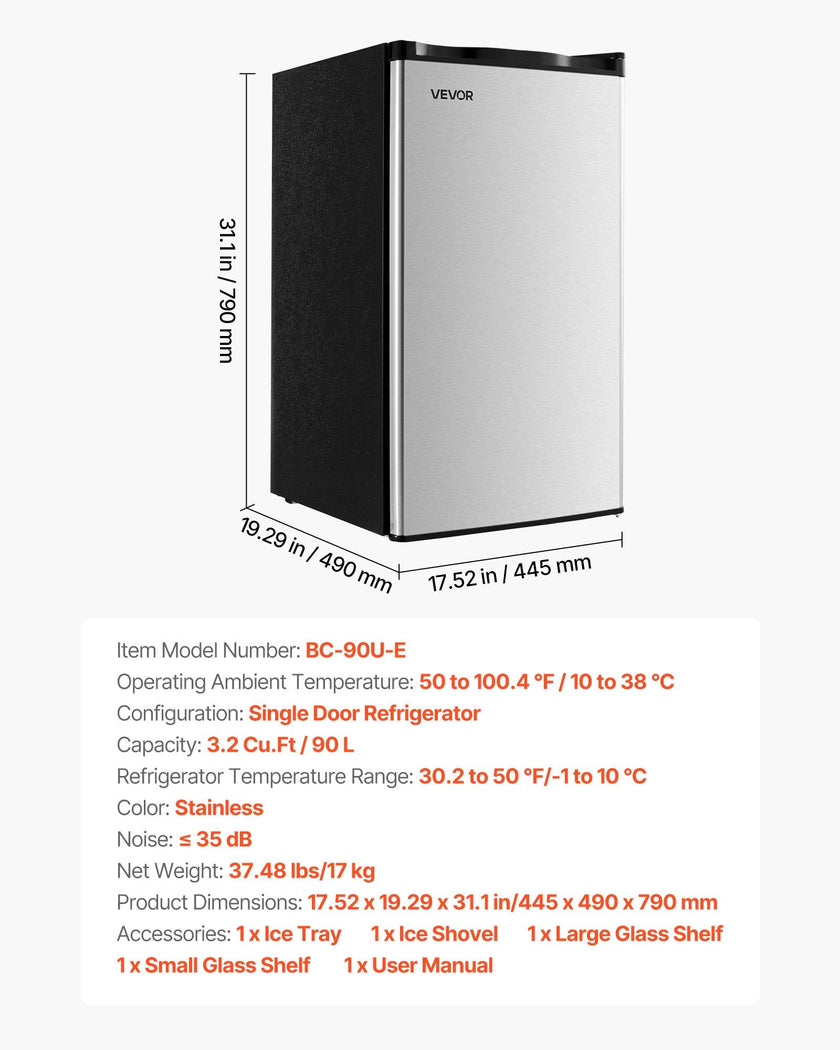 Mini Fridge, 3.2 Cu. Ft. Compact Single Door Refrigerator with Adjustable Temperature, Glass Shelf & Reversible Door, Stainless Steel