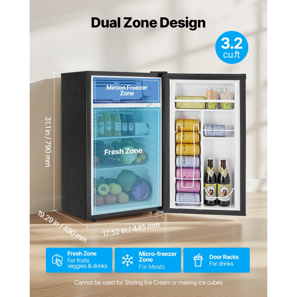 Mini Fridge, 3.2 Cu. Ft. Compact Single Door Refrigerator with Adjustable Temperature, Glass Shelf & Reversible Door, Black