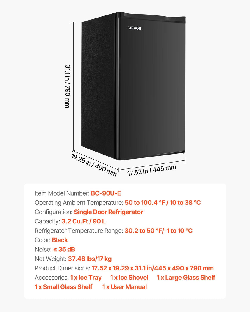 Mini Fridge, 3.2 Cu. Ft. Compact Single Door Refrigerator with Adjustable Temperature, Glass Shelf & Reversible Door, Black