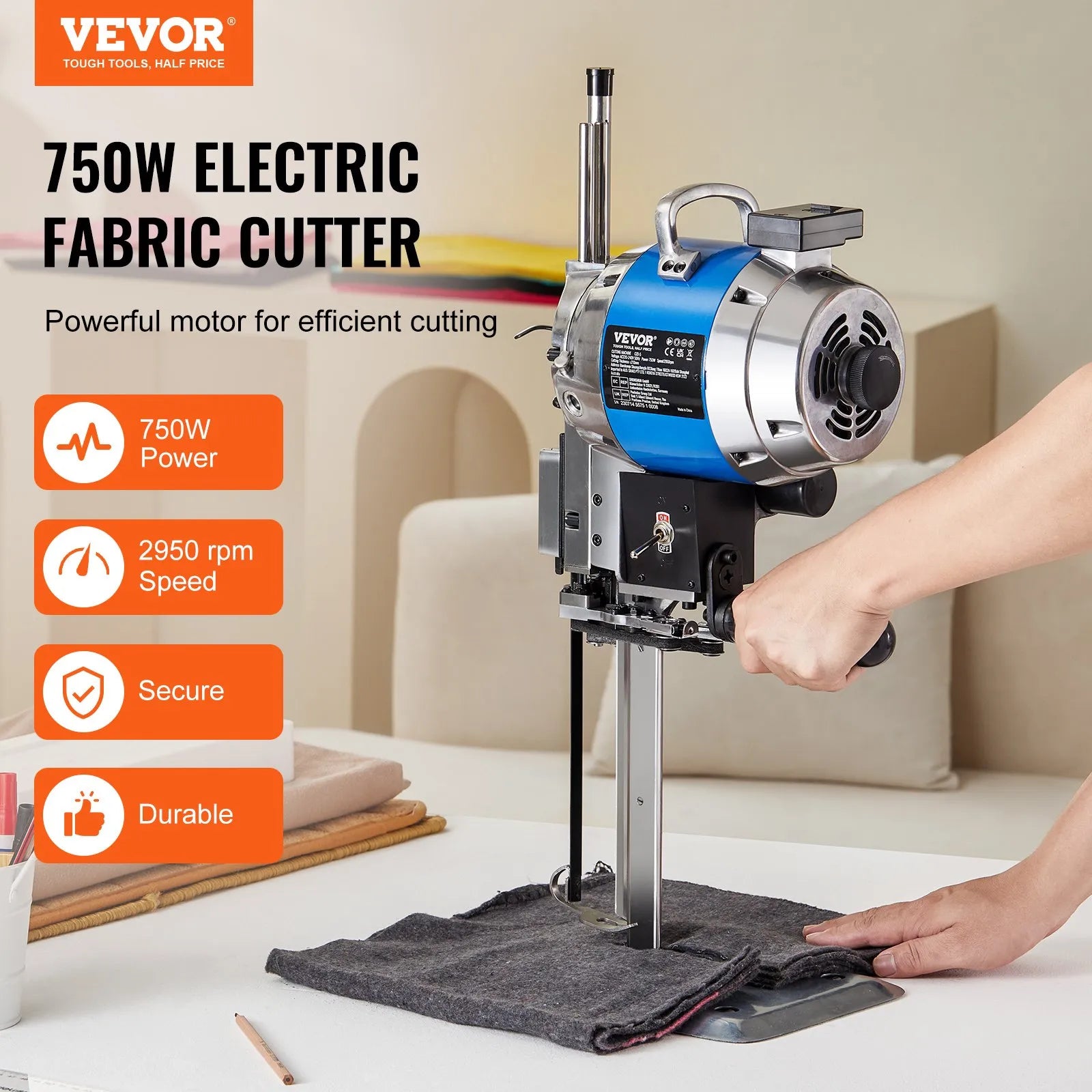 VEVOR Fabric Cutter, 750W High-Speed Straight Knife Cloth Cutting Machine, 9.8