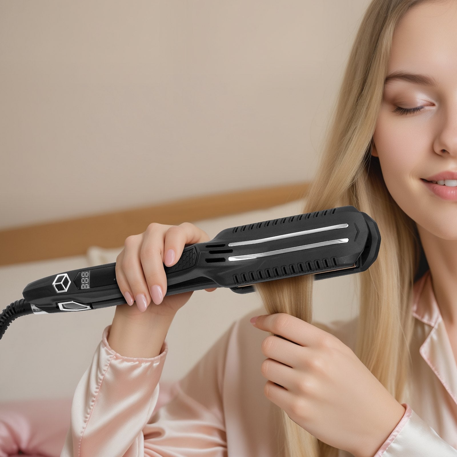 VEVOR Hair Straightener, 1.5-inch Titanium Flat Iron, Dual Infrared Hair Straightener Flat Iron with LCD Display and 19 Temp Levels - 210°F to 450°F, Dual Voltage 110V/240V for Salon Home Travel Use