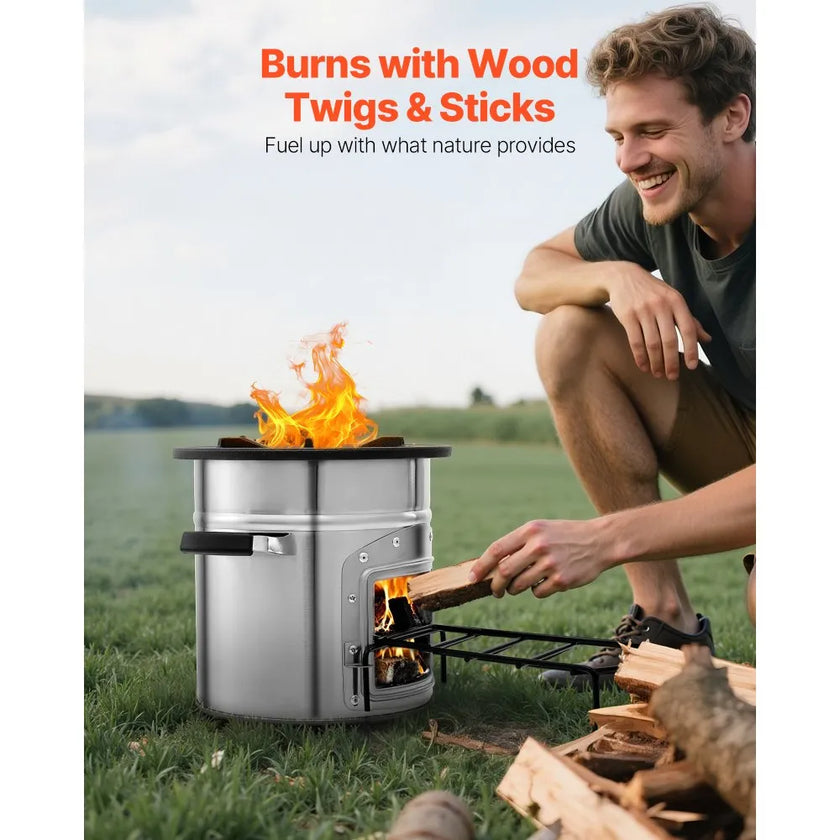 VEVOR Camping Rocket Stove, Portable Stainless Steel Wood Burning Stove with Single Door & Carry Bag