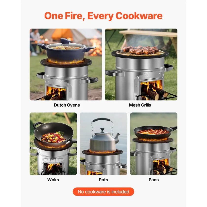 VEVOR Camping Rocket Stove, Portable Stainless Steel Wood Burning Stove with Single Door & Carry Bag
