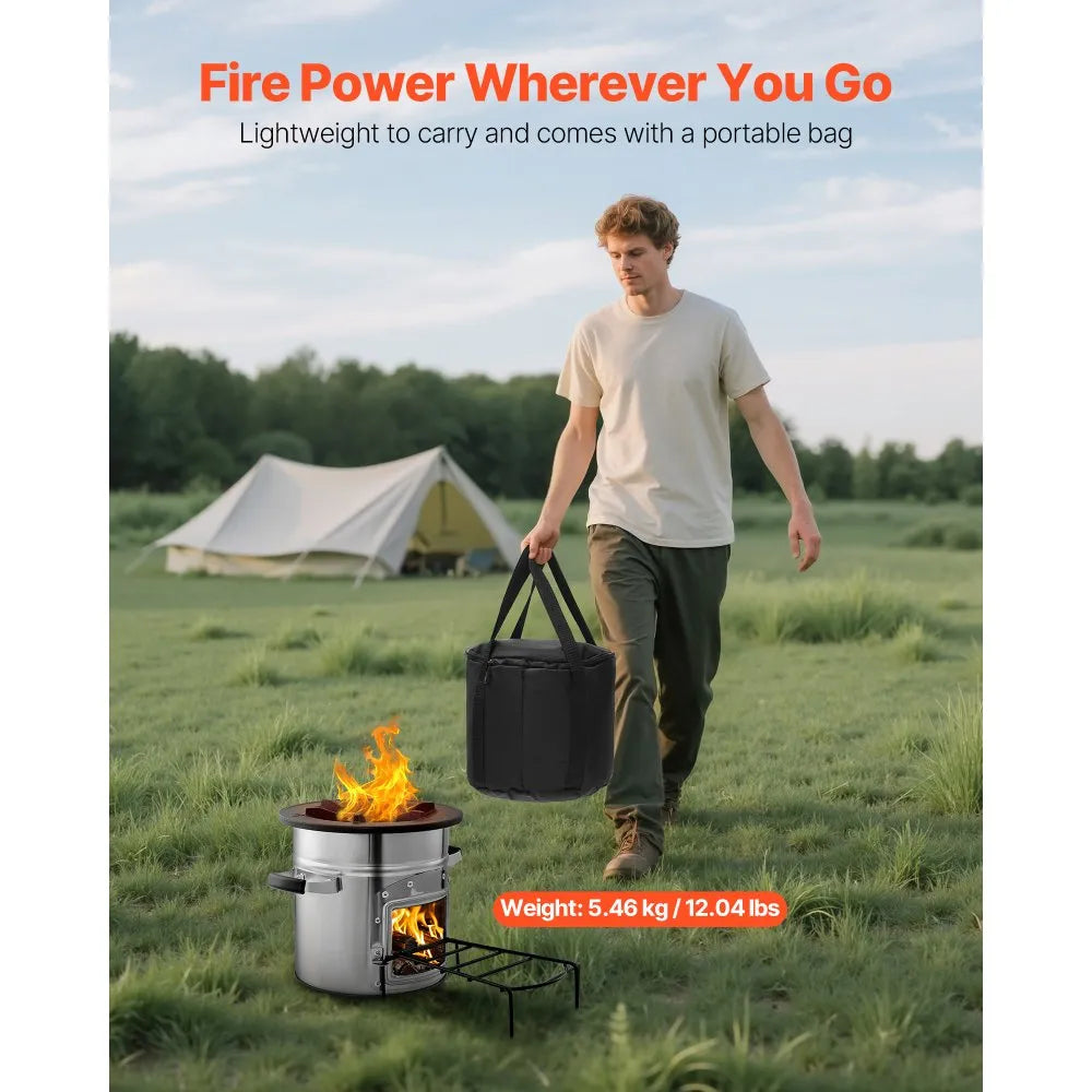 VEVOR Camping Rocket Stove, Portable Stainless Steel Wood Burning Stove with Single Door & Carry Bag