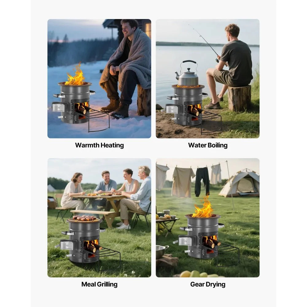 VEVOR Camping Rocket Stove, Portable Wood Burning Stove with Carry Bag, SPCC Steel Double Door Design
