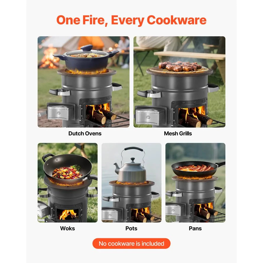 VEVOR Camping Rocket Stove, Portable Wood Burning Stove with Carry Bag, SPCC Steel Double Door Design