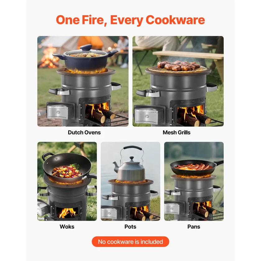 VEVOR Camping Rocket Stove, Portable Wood Burning Stove with Carry Bag, SPCC Steel Double Door Design
