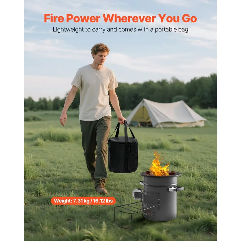 VEVOR Camping Rocket Stove, Portable Wood Burning Stove with Carry Bag, SPCC Steel Double Door Design