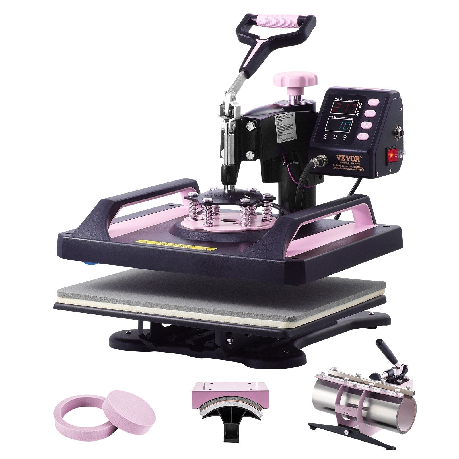 VEVOR 5 in 1 Heat Press Machine 12x15 in 30oz Tumbler Press T-Shirts Black+Pink