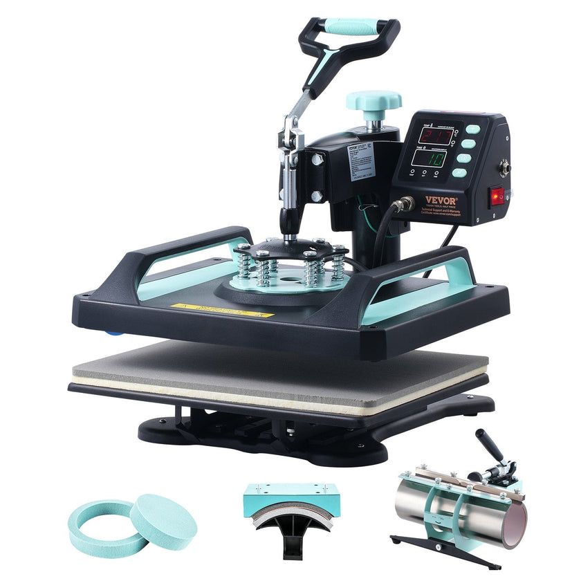 VEVOR 5 in 1 Heat Press Machine 12x15 in 30oz Tumbler Press T-Shirts Black+Green
