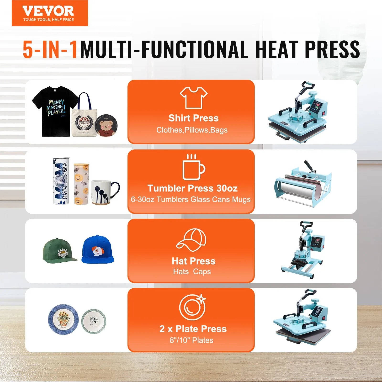 VEVOR Heat Press Machine 12x15 in 5 in 1 with 30oz Tumbler Press T-Shirts Green