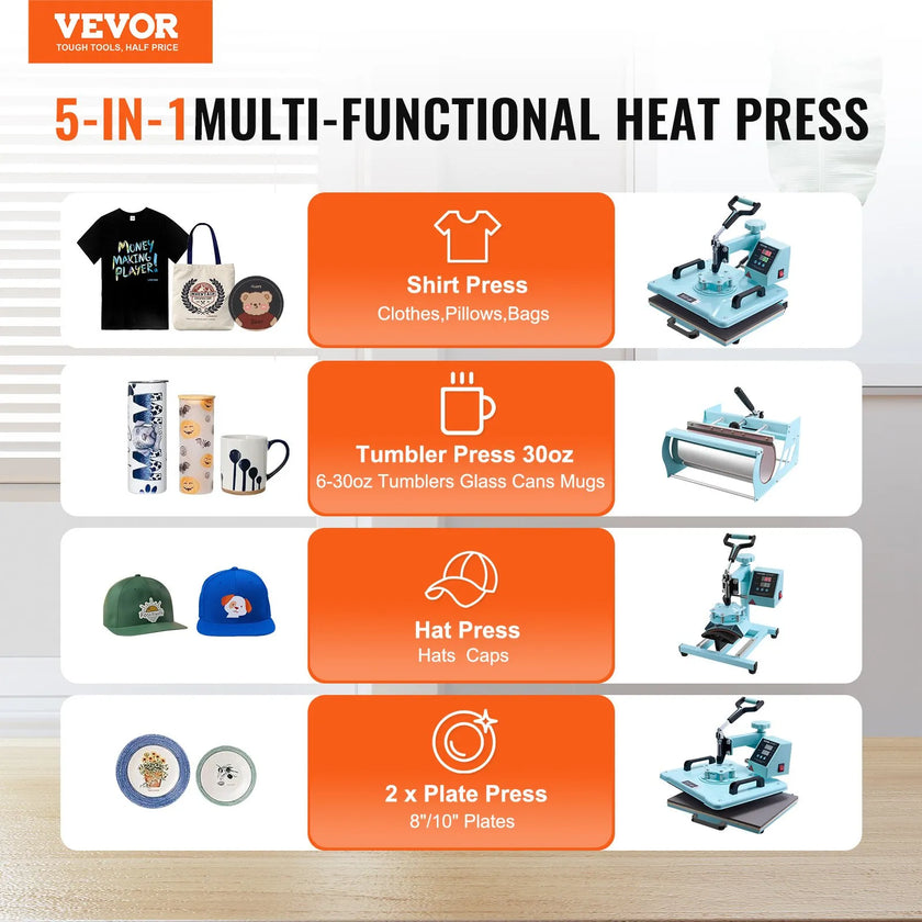 VEVOR Heat Press Machine 12x15 in 5 in 1 with 30oz Tumbler Press T-Shirts Green