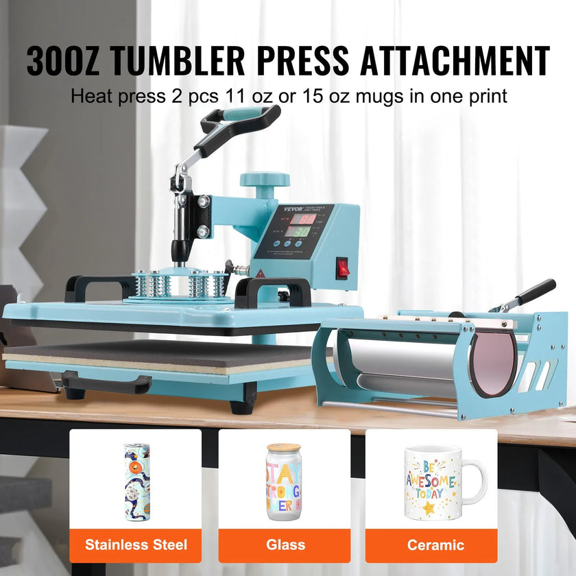 VEVOR Heat Press Machine 12x15 in 5 in 1 with 30oz Tumbler Press T-Shirts Green