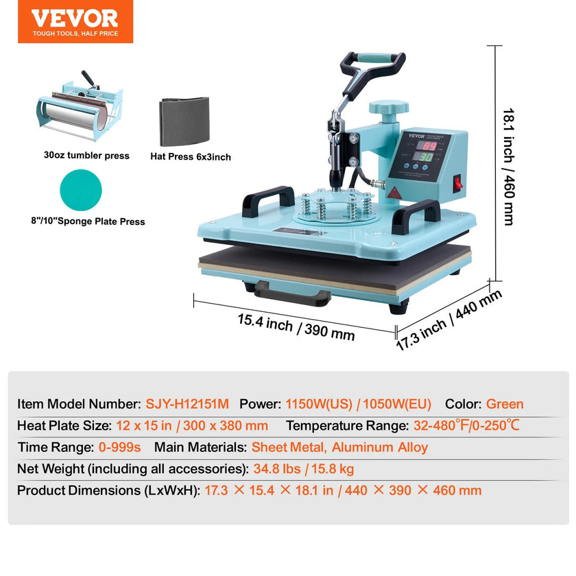 VEVOR Heat Press Machine 12x15 in 5 in 1 with 30oz Tumbler Press T-Shirts Green