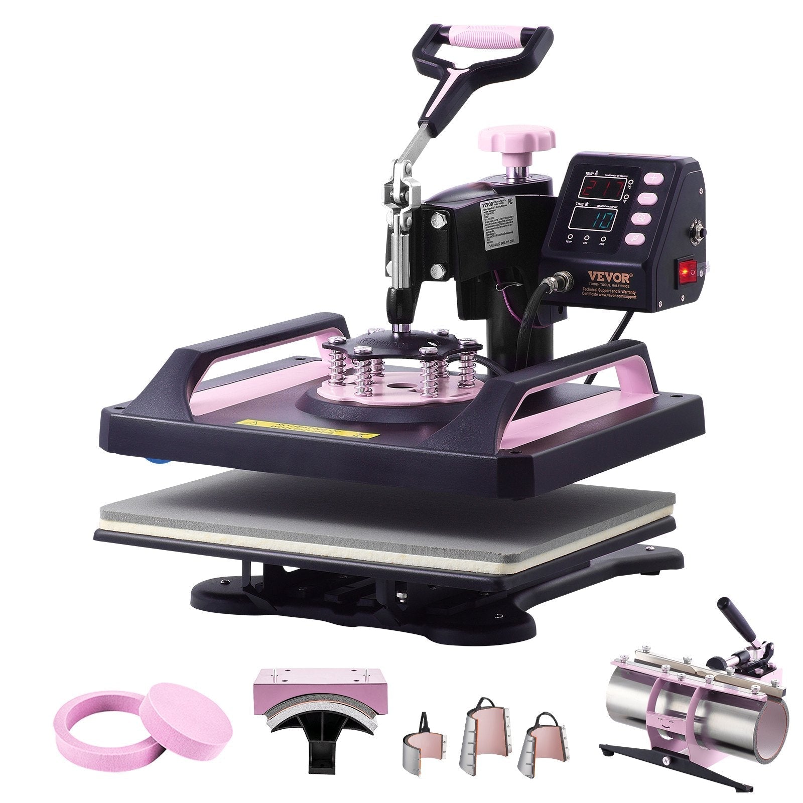 VEVOR 8 in 1 Heat Press Machine 12x15 in 30oz Tumbler Press T-Shirts Black+Pink