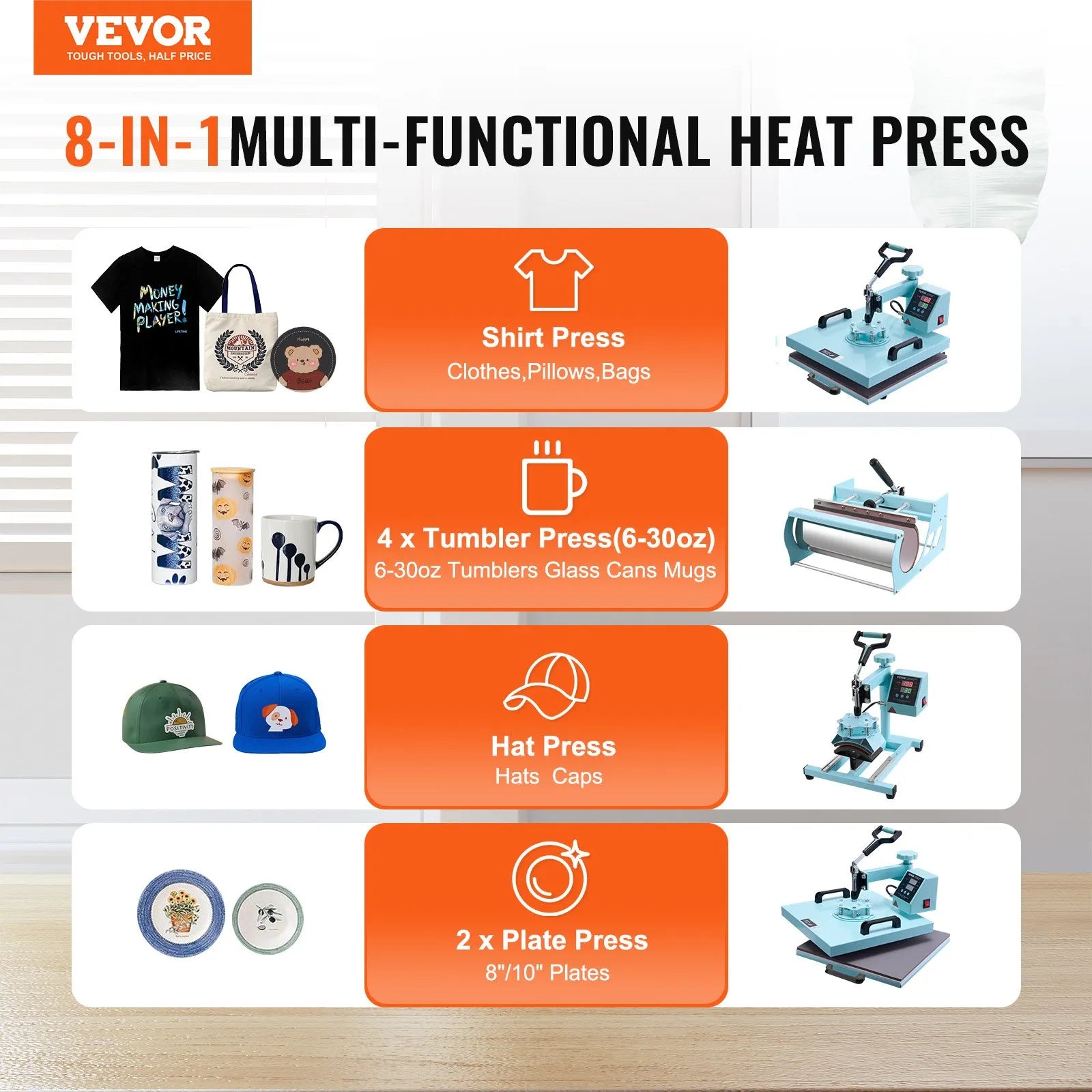 VEVOR Heat Press Machine 15x15 in 5 in 1 with 30oz Tumbler Press T-Shirts Green