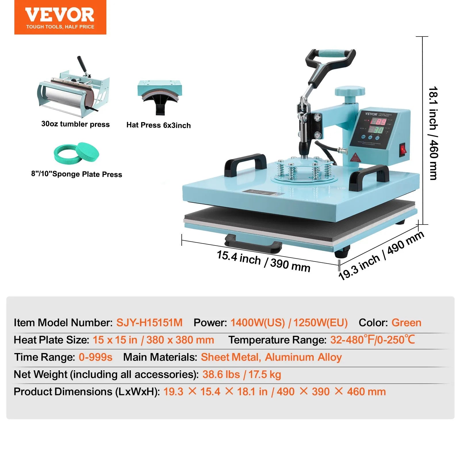 VEVOR Heat Press Machine 15x15 in 5 in 1 with 30oz Tumbler Press T-Shirts Green