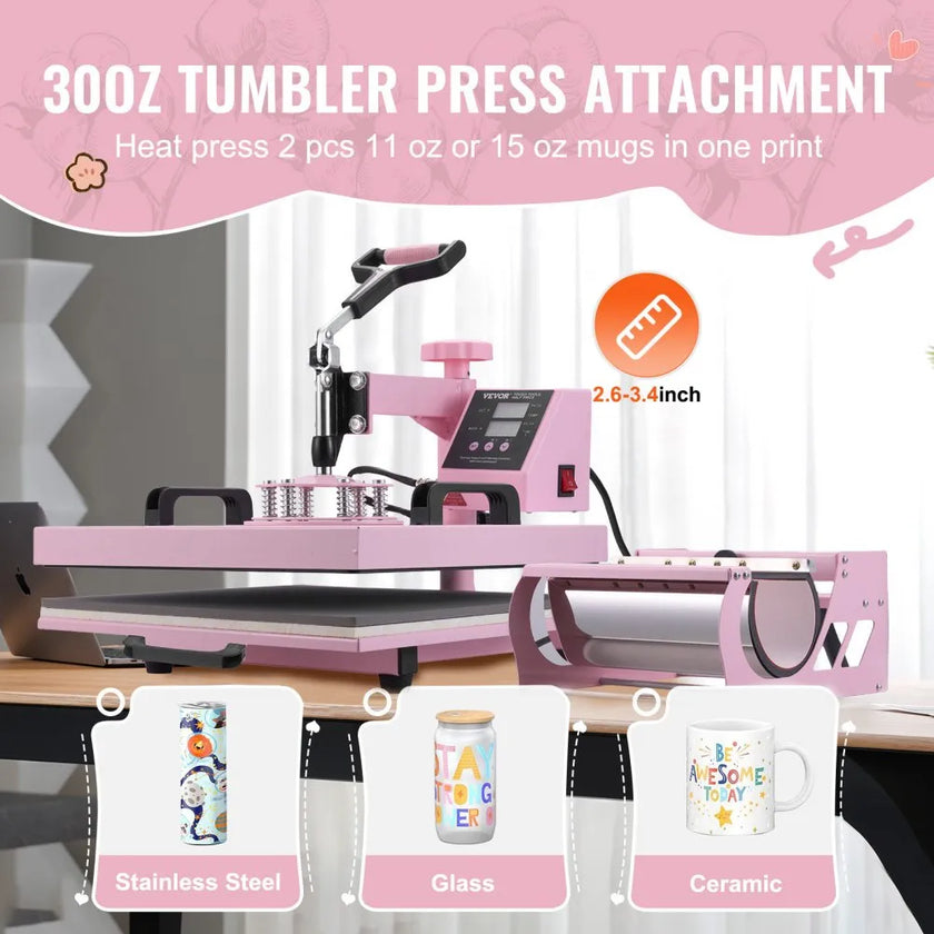 VEVOR Heat Press Machine 15x15 in 5 in 1 with 30oz Tumbler Press T-Shirts Pink