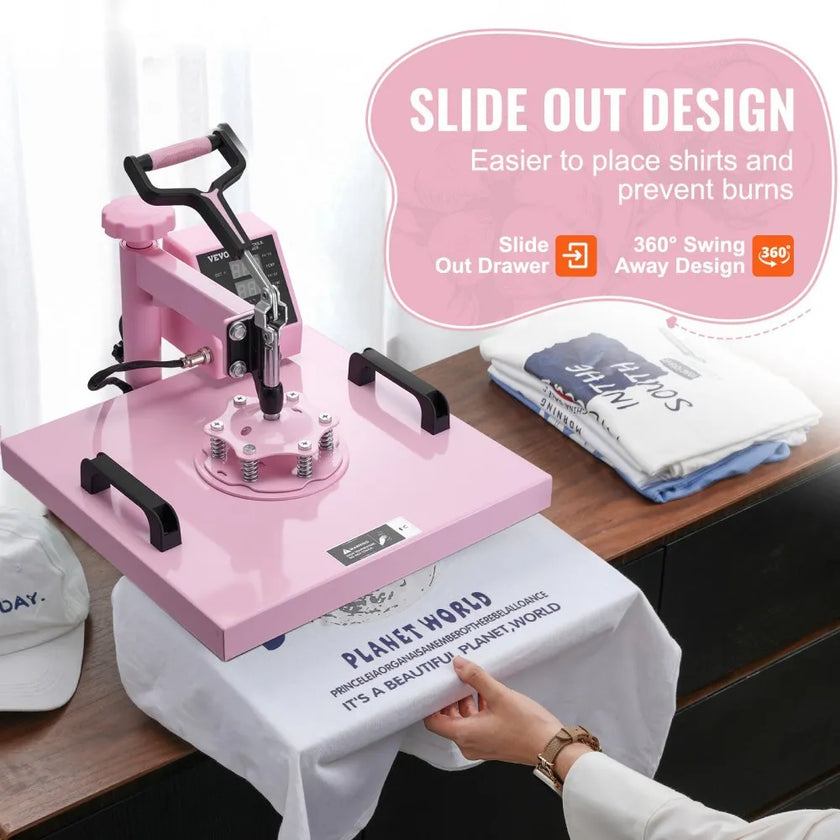 VEVOR Heat Press Machine 15x15 in 5 in 1 with 30oz Tumbler Press T-Shirts Pink