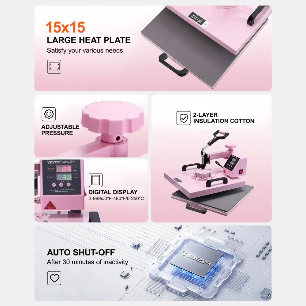 VEVOR Heat Press Machine 15x15 in 5 in 1 with 30oz Tumbler Press T-Shirts Pink