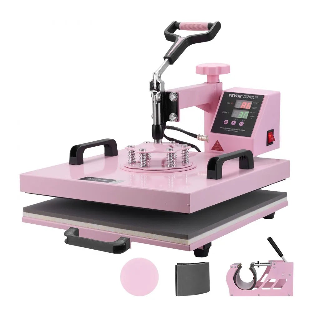 VEVOR Heat Press Machine 15x15 in 5 in 1 with 30oz Tumbler Press T-Shirts Pink