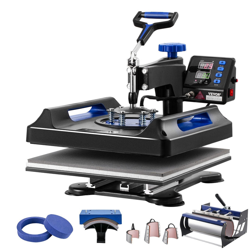VEVOR 8 in 1 Heat Press Machine 15x15 in 30oz Tumbler Press T-Shirts Black+Blue